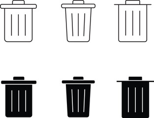 trash can, trashcan, rubbish bin, refuse container, waste disposal, black and white icons, simple minimalist design, line art, vector graphics