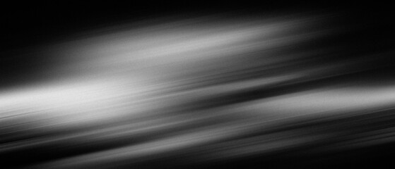 Minimal abstract black and white light streaks gradient with movement motion blur, noise texture on black background. retro grain grayscale overlay, poster header banner website backdrop.