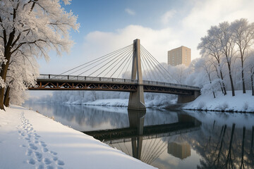Cable-Stayed Bridge over Snowy River in Winter Landscape