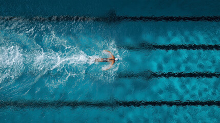A swimmer is in the water, swimming in a pool