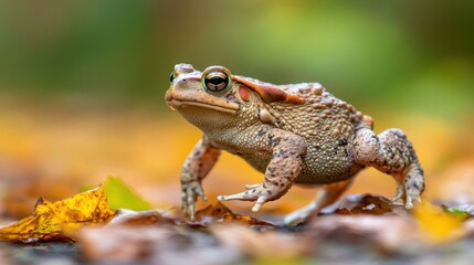 Obraz premium A textured toad walking across golden autumn foliage leaves