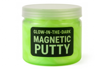 Jar of glow-in-the-dark magnetic putty on transparent background