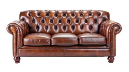 Brown Leather Chesterfield Sofa Three Seater Button Tufted Vintage Style Furniture Isolated on a transparent background