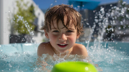 A young boy is in a pool and is holding a green toy