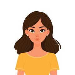 Smiling Woman Character in Yellow Top with Brown Hair and Green Eyes