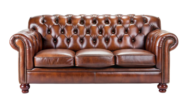 Brown Leather Chesterfield Sofa Three Seater Button Tufted Vintage Style Furniture Isolated on a transparent background