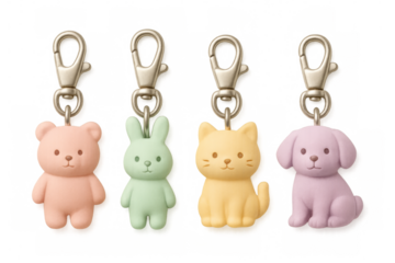 Four cute animal keychains on transparent background