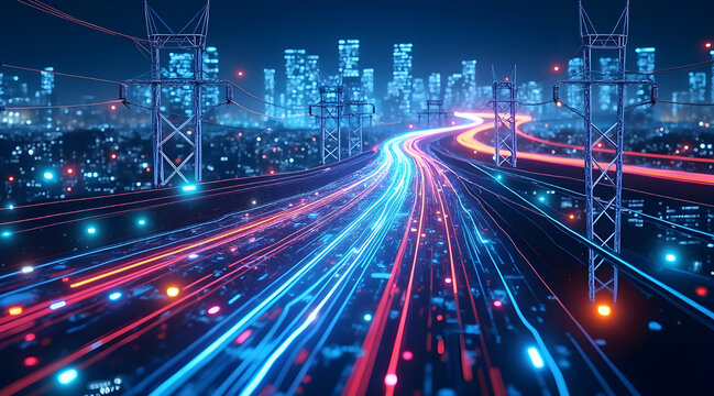 Futuristic cityscape with high voltage towers and data stream highway