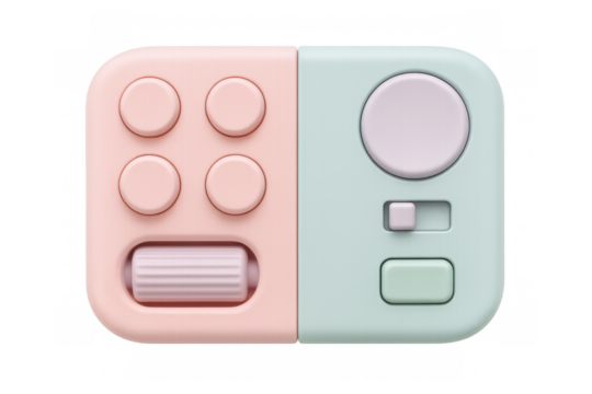 Pink and green stress relief toy with buttons, dials, and transparent background