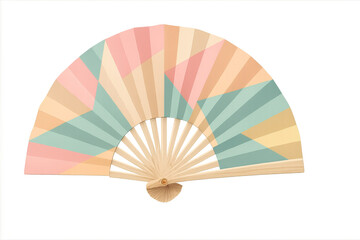 Pastel colored hand fan with geometric pattern on transparent background