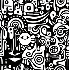 A black and white hand-drawn drawing in the Mexican style.Seamless pattern.	
