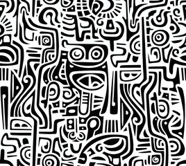 A black and white hand-drawn drawing in the Mexican style.Seamless pattern.	
