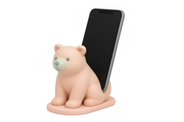 Pink bear phone holder supporting smartphone on transparent background