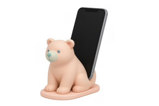 Pink bear phone holder supporting smartphone on transparent background