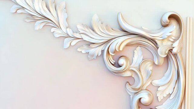 Complex rococo frame corner detail with swirling foliage design in white gold, isolated against a gradient background with soft shadows