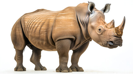 Obraz premium Large white rhinoceros, a dangerous and endangered horned mammal, isolated on a white background