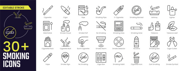 Smoking Stroke icon collections. Containing Smoking, Cigarette, E-Cigarette, Ashtray, Vape, Smoke Cloud, Smoke Alarm, and Cigar Cutter icons. Editable Stroke icon collection Outline icon