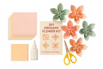 Diy origami flower kit with instructions, glue, scissors, and paper on transparent background
