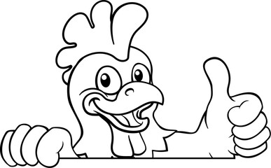 A chicken cartoon rooster cockerel bird mascot peeking over a sign with copyspace