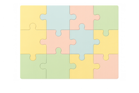 Pastel-colored jigsaw puzzle pieces forming a complete square on transparent background