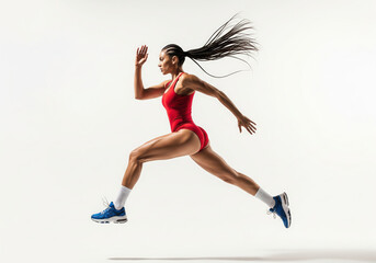 Studio fashion a powerful athletic fitness woman, captured in side profile. Athletic girl. Full bodysuit with white athletic socks and chunky sneakers. Braided ponytail arcs motion. Legs are extended 