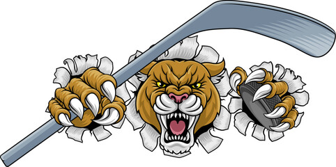 Cougar, panther, mountain lion or puma wildcat cat ice hockey sports mascot holding a hockey puck and stick