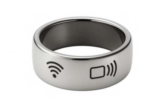 Smart ring connecting to wireless network and sending contactless payment on transparent background