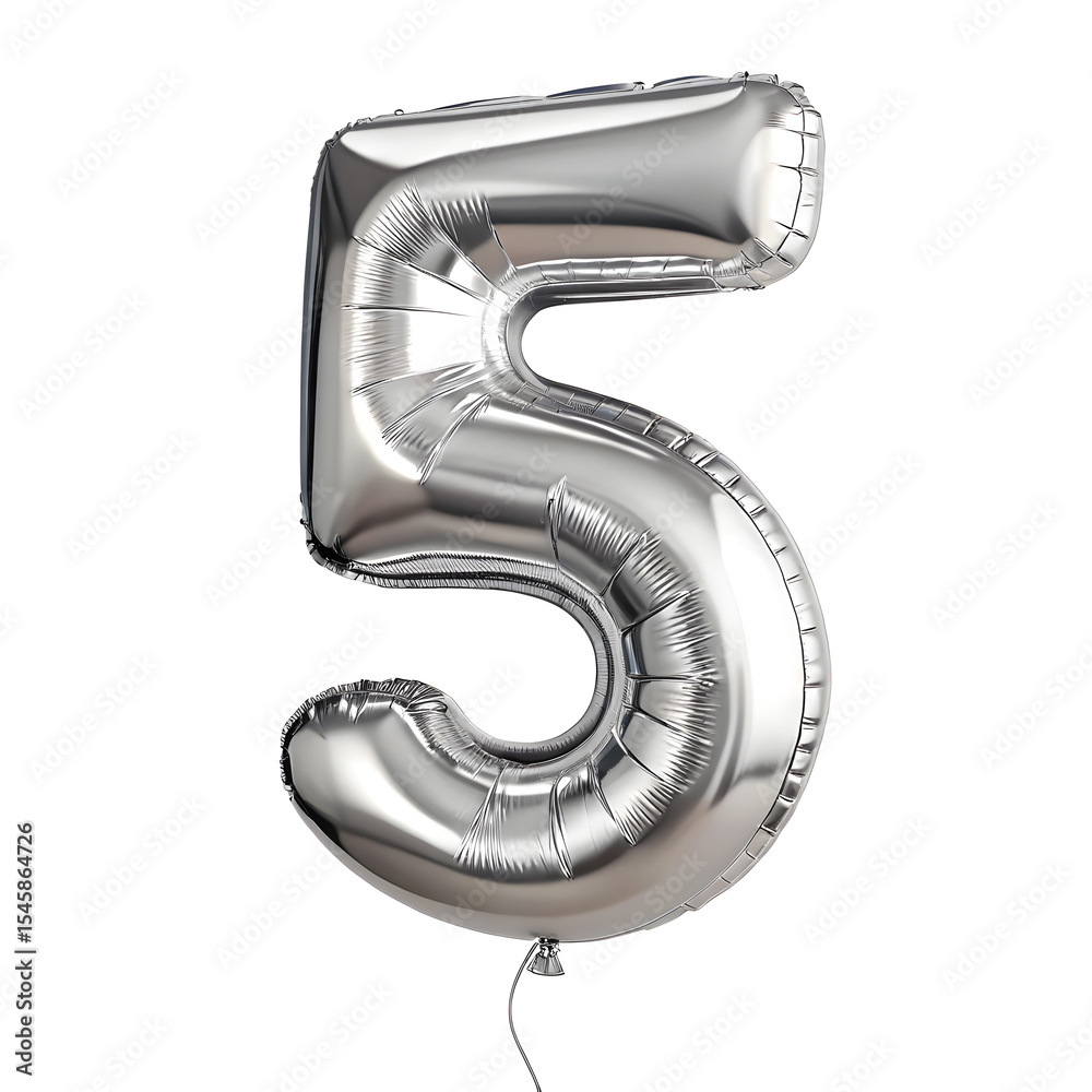 Fototapete a balloon shaped like the number 5 ,silver metallic finish with realistic reflections and smooth tex