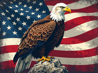 Majestic bald eagle perched on rock against weathered American flag