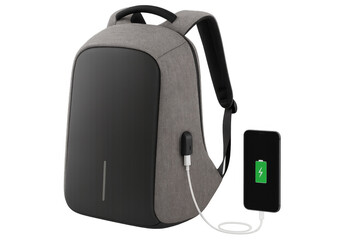 Modern gray backpack charging smartphone on transparent background