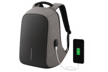 Modern gray backpack charging smartphone on transparent background