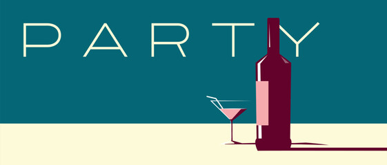 Flat illustration of a bottle of alcohol, a cocktail glass, dark background, horizontal format. Ideal for decorating a bar poster, a flyer for a drink party, a cocktail menu, martini, margarita