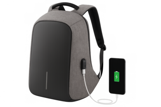 Modern gray backpack charging smartphone on transparent background