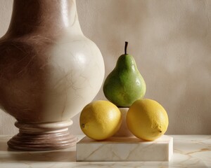 Still life of a pear and two lemons atop a small marble cube, beside a large mottled urn on a marble surface, bathed in soft light