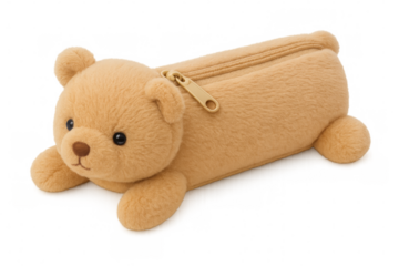 Adorable bear-shaped pencil case lying on transparent background
