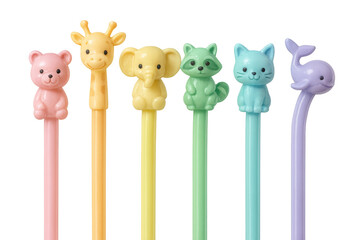 Colorful pens topped with cute animal figures on transparent background