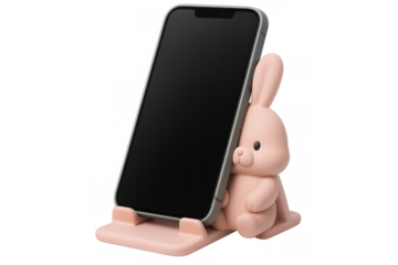 Pink bunny phone stand holding smartphone on transparent background