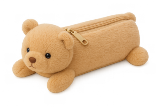 Adorable bear-shaped pencil case lying on transparent background