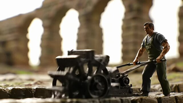 Figure pushing machine on rocks near arches, bright background, soft focus