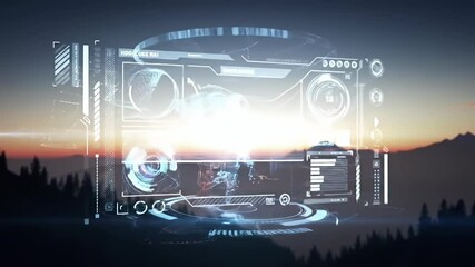 Futuristic HUD interface over a silhouetted landscape at dusk or dawn - Powered by Adobe