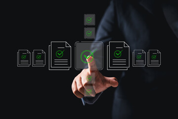 Businesswoman approving digital documents online checklist interface, embracing concept of...