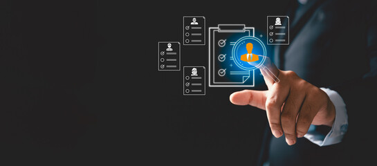 Human resource search, recruitment concept. human resource management uses HR technology online networks to check CV choose perfect employee ensuring strong recruitment process company structure.