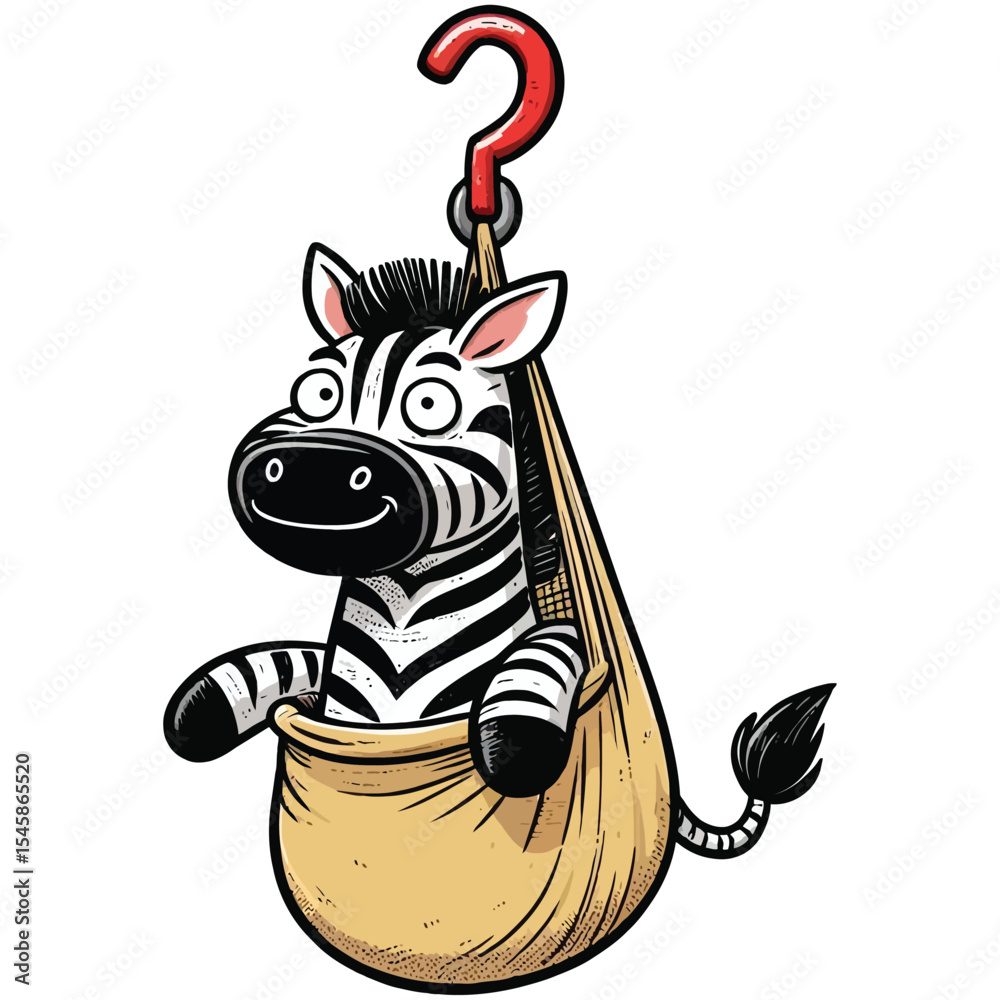 Fototapete hand drawn cartoon illustration of a zebra. The zebra has a funny expression. It is sitting in a hanging bag (like a sling or a carrier) that is hooked up by a red hook. 
