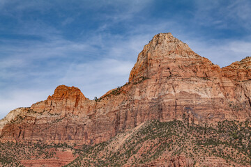 Fototapeta premium Zion Canyon (Little Zion, Mukuntuweap, Mu-Loon'-Tu-Weap Straight Cañon; weap is Paiute for canyon) is a deep and narrow gorge in southwestern Utah, carved by the North Fork of the Virgin River. 