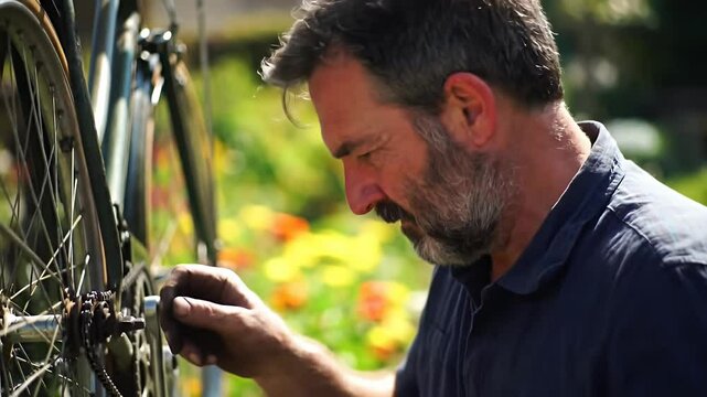 Man repairs a bike in a garden, head bowed, focused on the task
