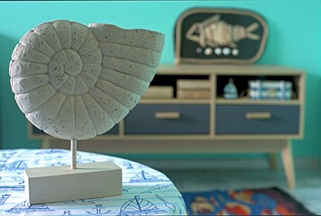 Ammonite shell on table in room decorated in marine style