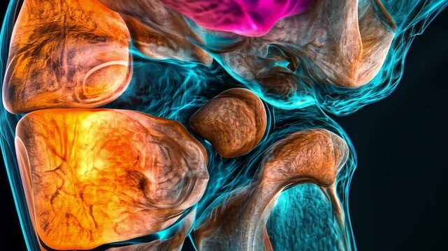 This video showcases a colorful depiction of a human knee joint. It serves educational purposes in anatomy and medical fields. An essential resource for learners and professionals. Generative AI