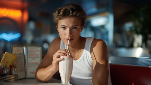 Teen Enjoying a Strawberry Milkshake in a Classic Diner Booth