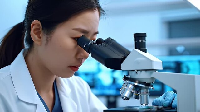 Scientist peers through a microscope in a bright, clinical laboratory