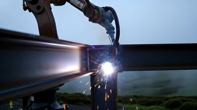 Robotic arm welds a steel beam with bright sparks, outdoors